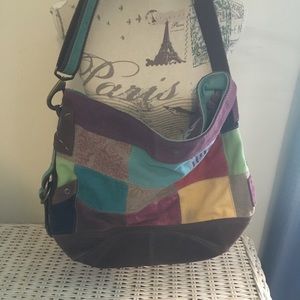 Lucky Brand Vintage Boho Suede Canvas Patchwork Satchel